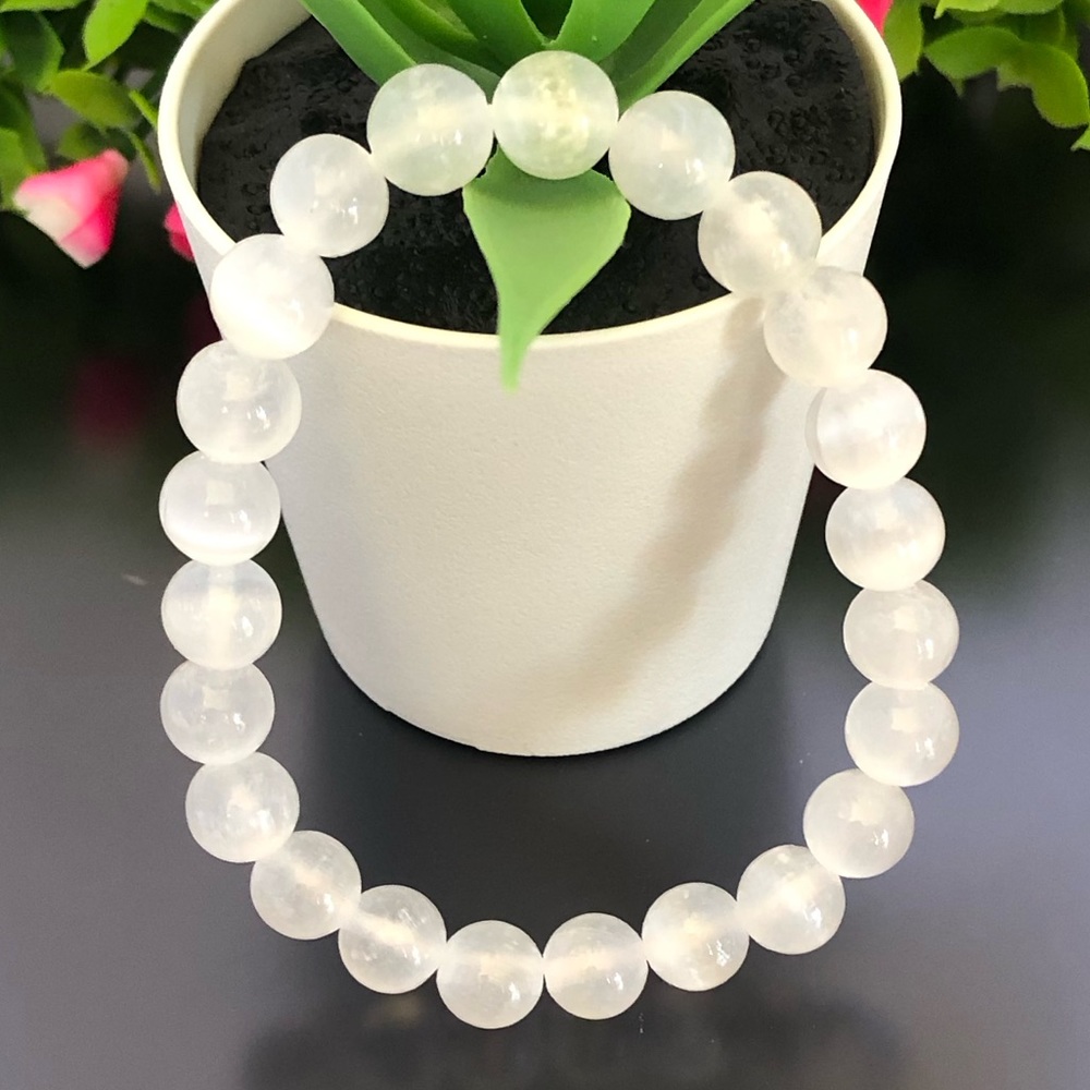 Selenite 8mm Natural Stone Beads Stretchable Bracelet